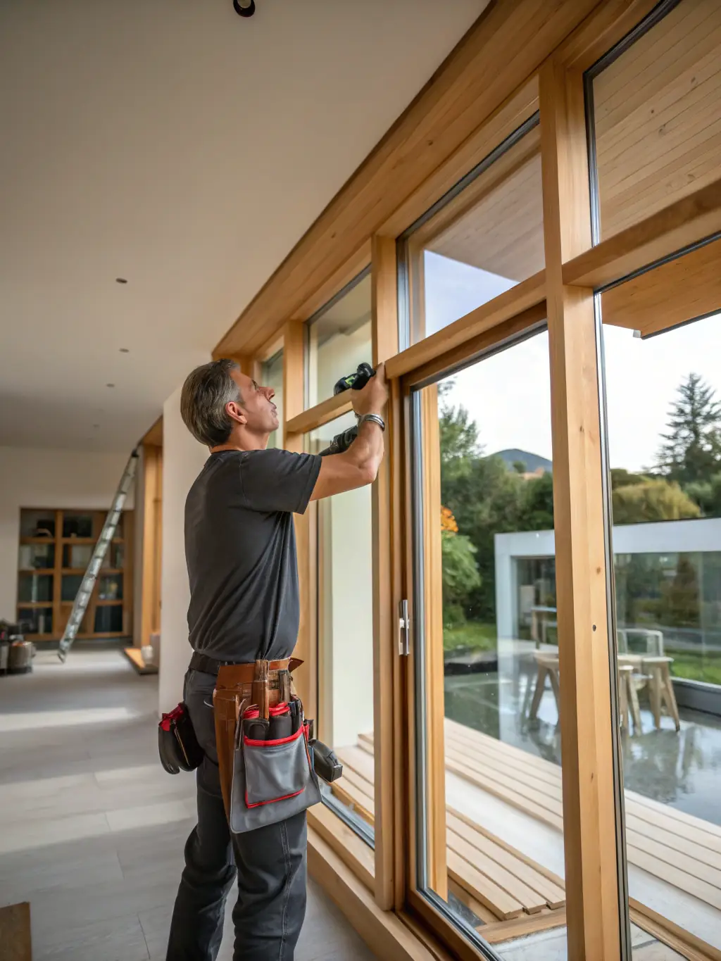 A carpenter installing a custom-made wooden window in a traditional stone house, showcasing the blend of modern craftsmanship with classic architecture.