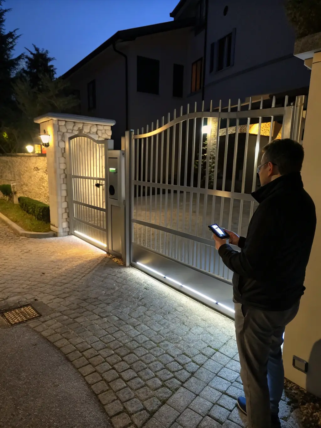 A newly installed automated aluminum gate at the entrance of a residential property, demonstrating the security and convenience provided by Menuiserie Lapouge.