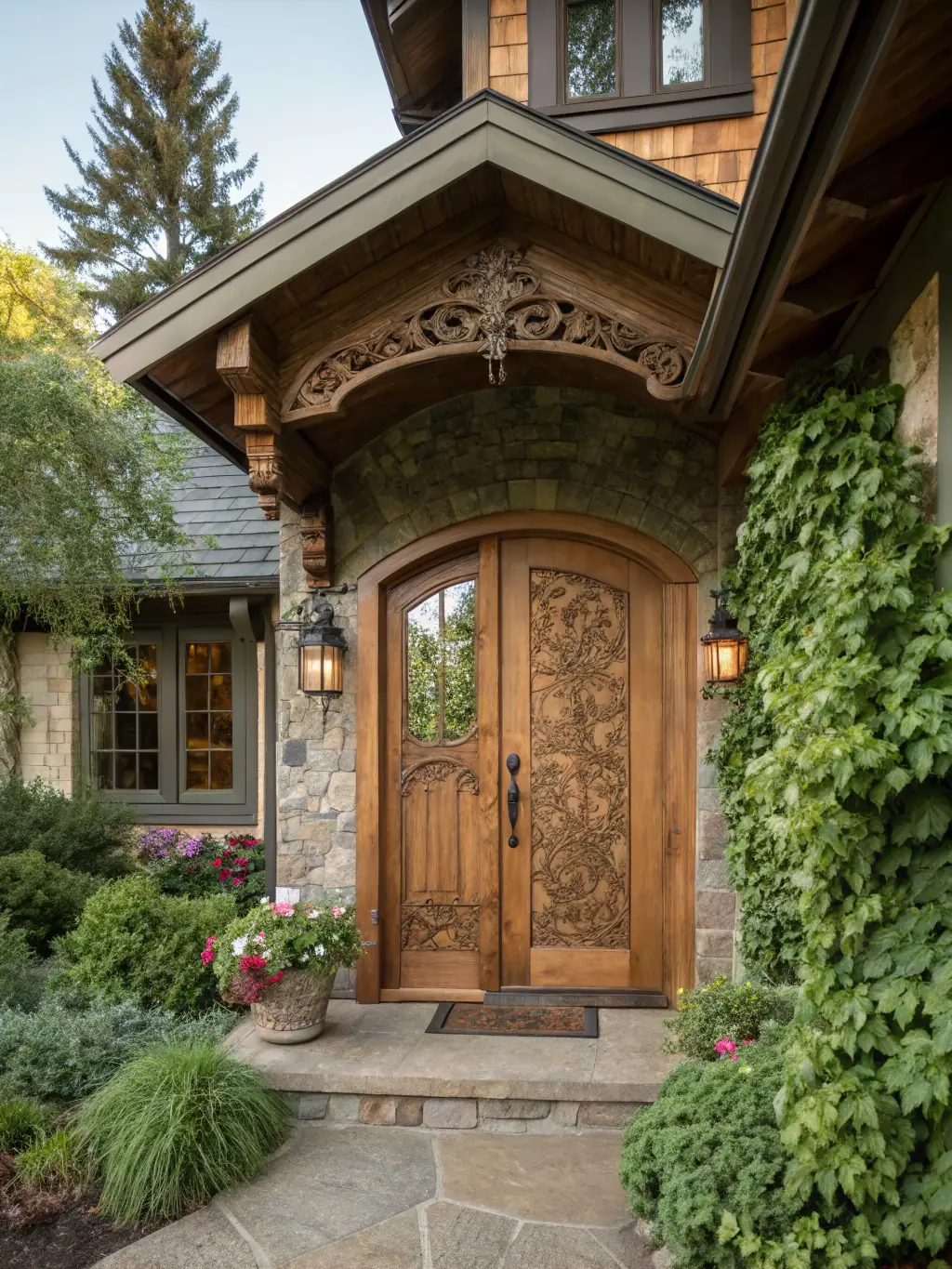 A recently installed custom-made wooden front door with decorative glass panels, showcasing the craftsmanship of Menuiserie Lapouge.