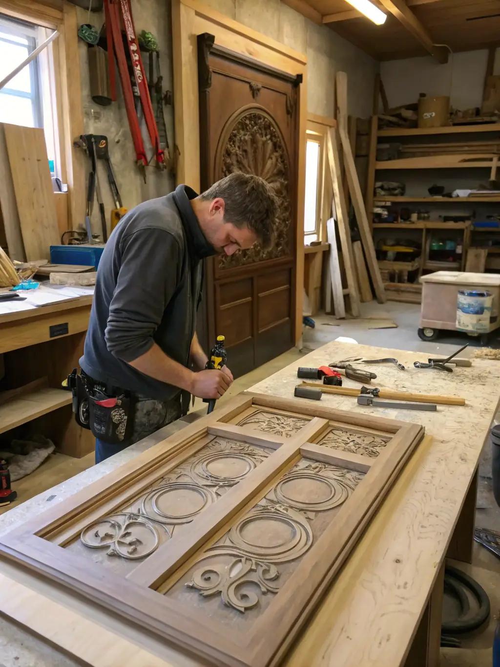 A craftsman fitting a bespoke wooden door in a newly renovated home, emphasizing the attention to detail and quality of materials.
